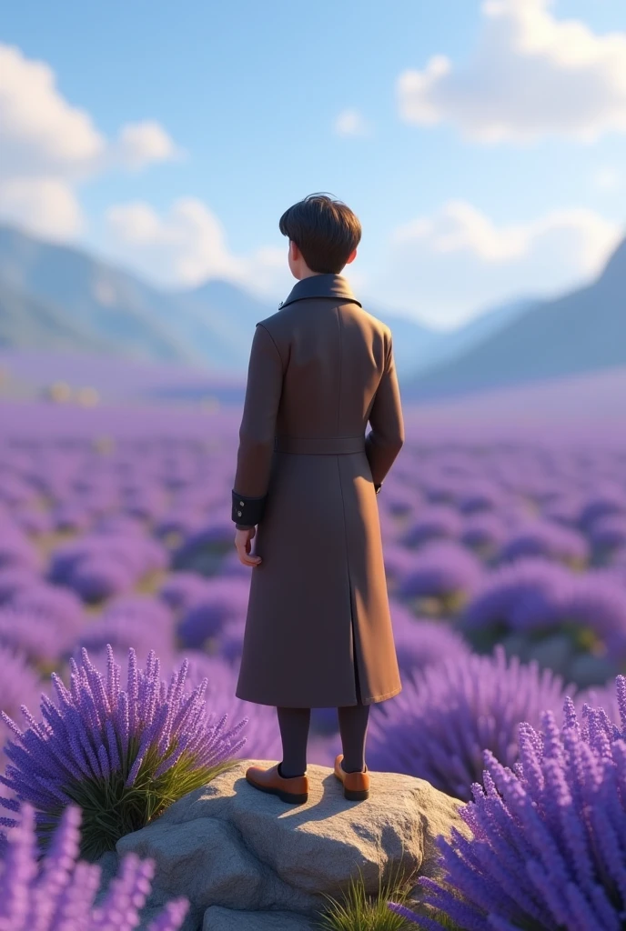 A 3d animation character from behind. From the 1900s. Wearing a long vintage jacket. Age of 30s. Pixar style. Standing in a top of small mountain. Looking to a large land of lavender flowers.