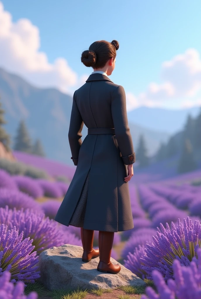 A 3d animation character from behind. From the 1900s. Wearing a long vintage jacket. Age of 30s. Pixar style. Standing in a top of small mountain. Looking to a large land of lavender flowers.