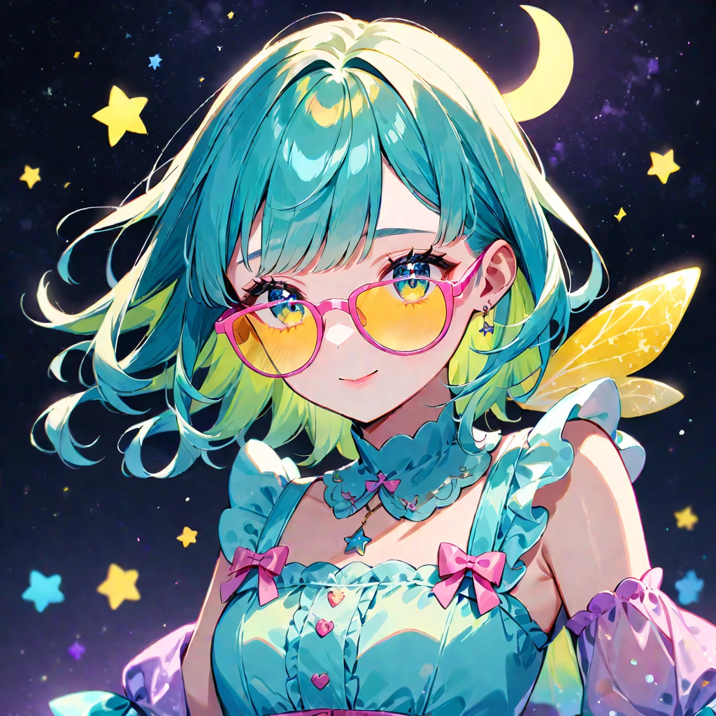 model wearing vitreous sunglasses with star and moon in the glass, in the dark sky-blue and light yellow, minimalist pen lines, fairy kei, use of precious materials, vibrant and lively hues, captivating, glitter, ((medium quality)), ((medium quality))