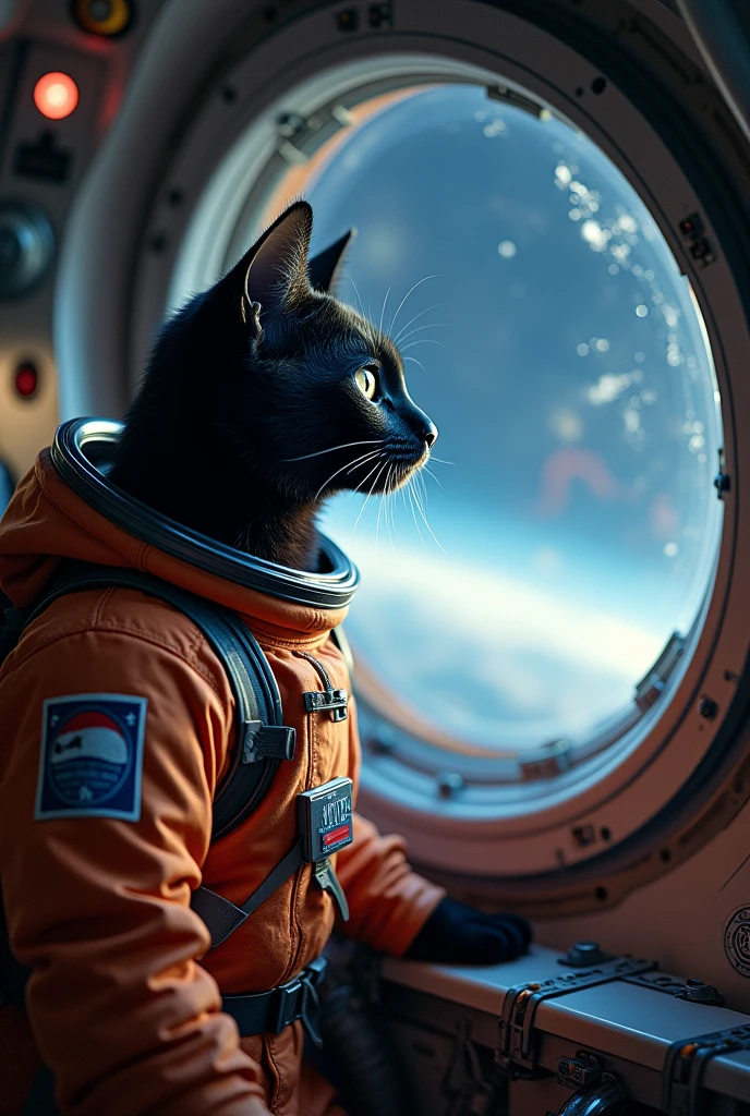 A black cat in a cosmonaut spacesuit is inside the space station, looking out at space through the window.