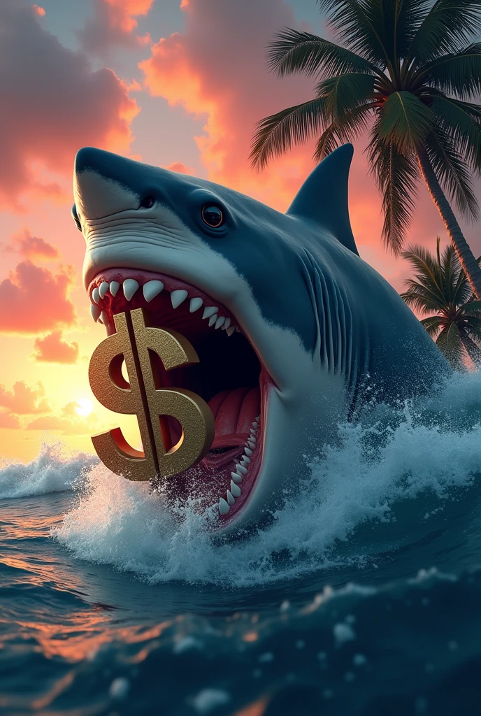 Shark Head ,Dollar Symbol im Maul,island,palm trees, sun set