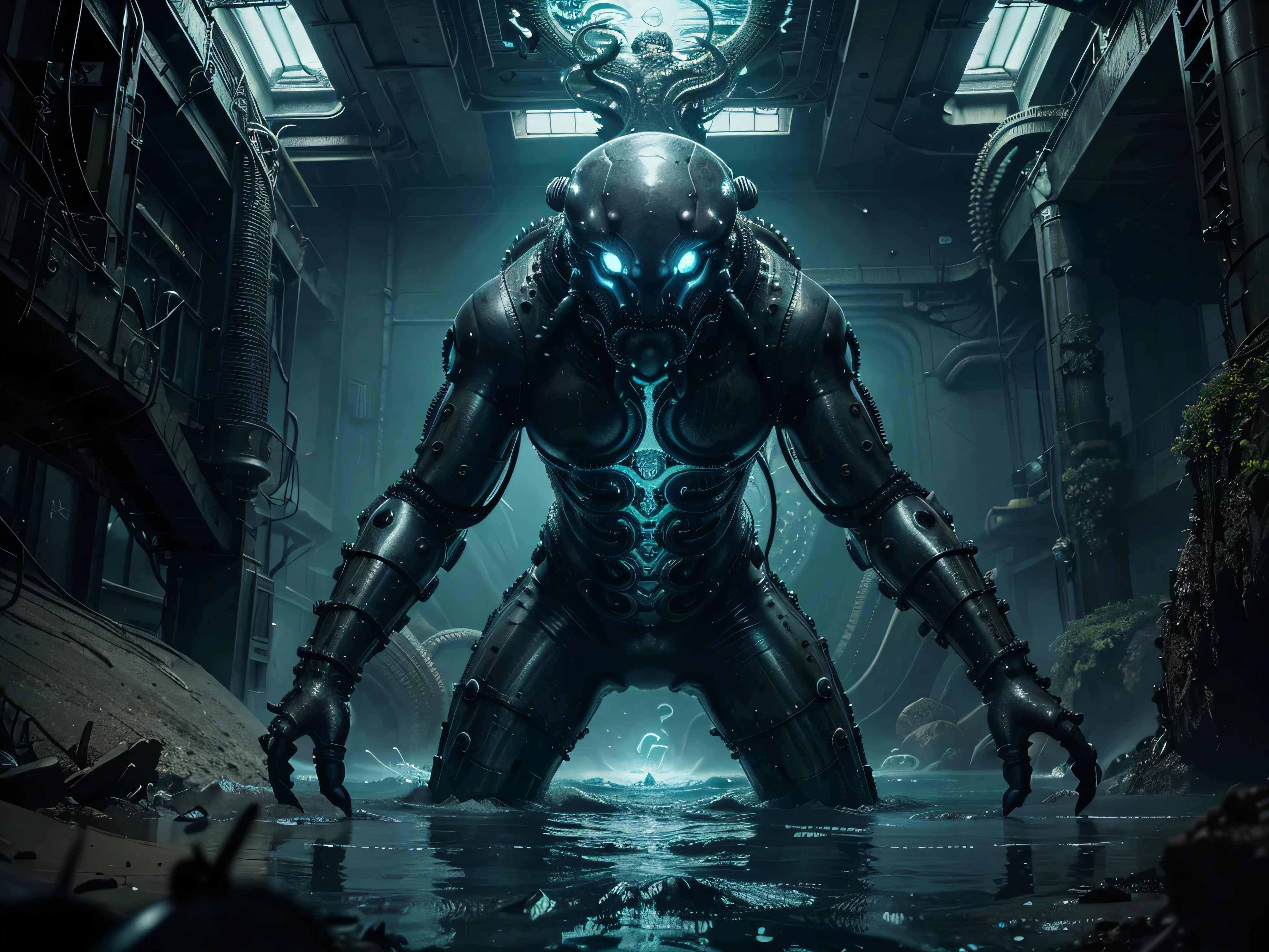 In a stunningly detailed line art illustration, a tech-savvy grotesque kraken emerges from the depths of the sea. Its tentacles are adorned with intricate cybernetic implants, pulsating with neon lights and intricate circuitry. The creature's eyes glow with an otherworldly intensity, reflecting a mix of intelligence and malevolence. The artist has skillfully captured the monstrous beauty of the kraken, blending organic and mechanical elements seamlessly. This high-quality image is sure to captivate viewers with its mesmerizing depiction of a futuristic sea monster.