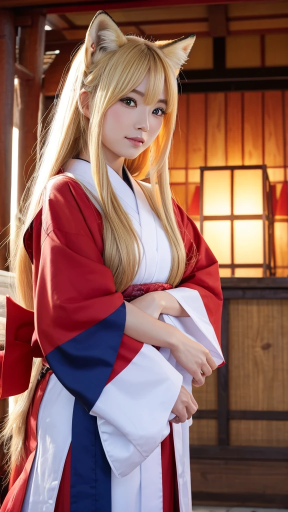 Female fox monster、Blonde and long-haired、Wearing a shrine maiden's outfit、Anime-inspired touch、Red and sharp eyes