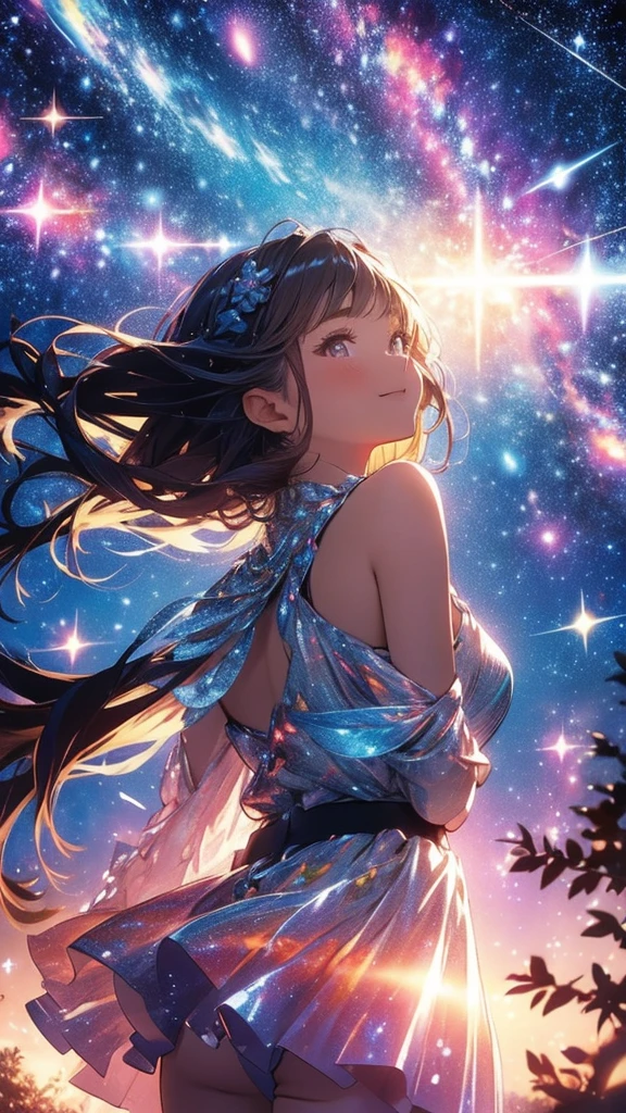 Attention to detail, Super Detail, Ultra-high resolution, Girl having fun in a dream galaxy, Surrounded by stars, The warm light that shines on her, The background features a starry sky with colorful galaxies and galactic clouds, The stars fly around her, Delicate face, Add fun ,