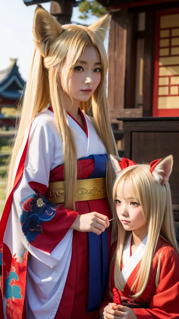 Female fox monster、Blonde and long-haired、Wearing a shrine maiden's outfit、Anime-inspired touch、Red and sharp eyes