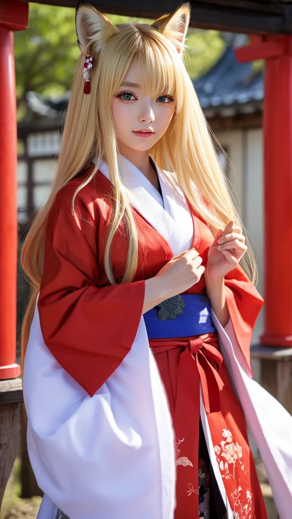 Female fox monster、Blonde and long-haired、Wearing a shrine maiden's outfit、Anime-inspired touch、Red and sharp eyes