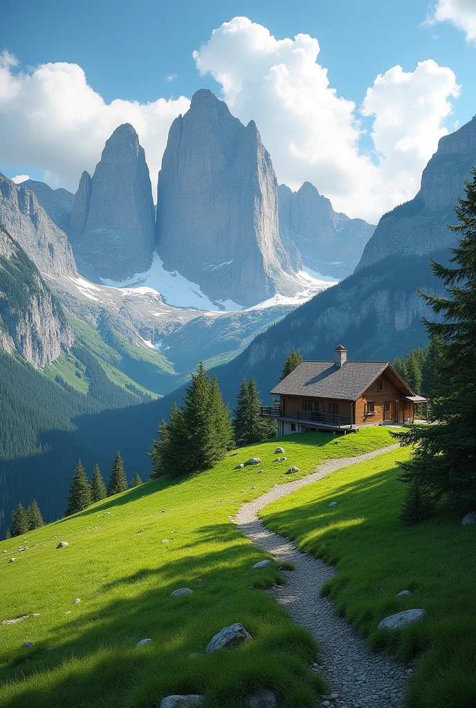 A magnificent mountain landscape with nature, on a flat bed, with a chalet on the side.