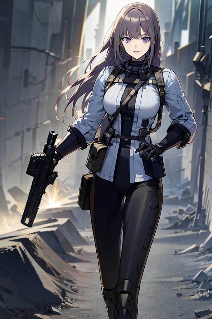 holding_gun, assault_rifle, Very detailed, Brown Hair, Anime Style, whole body, alone, Stylish Gunfighter Girl, Holding a steampunk long barrel pistol,Standing in the wasteland, 8K high resolution, White Background, In the spotlight, The background is a dark and desolate landscape, Horror movie atmosphere. Her figure is very beautiful, Emphasizing the dark and crazy elements. Skillfully expressing the effects of light and shadow