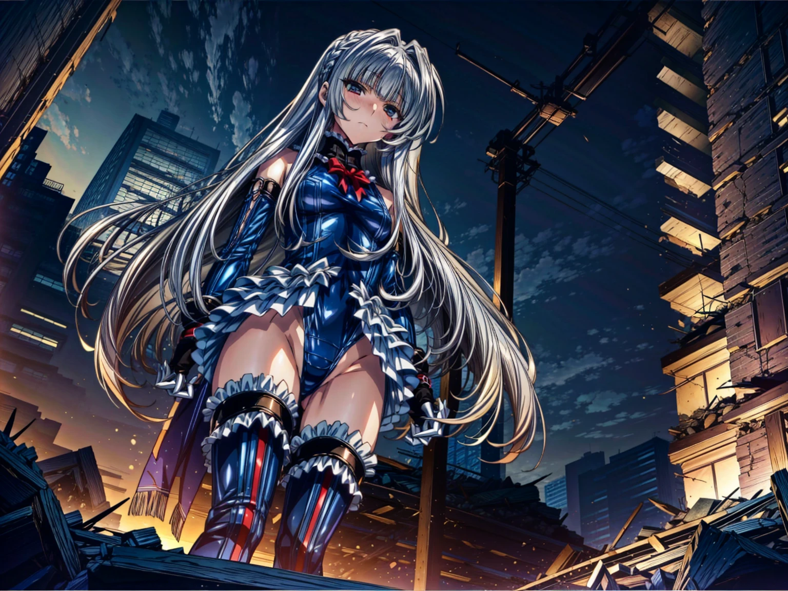 Perfect Anatomy, Highest quality, marirose,,Provocative attitude
,(Dawn greets the sky above the rubble:1.1),(Emotionless,Expressionless:1.4),Anime Style,(Frilled swimsuit, Knee socks, Removed sleeve), (Anime Style:1.4) ,(4girls:1.2),
Silver Hair,(White fingers:1.1,Black gloves),Very long hair,Evil Aura,(from directly below:1.4),full body