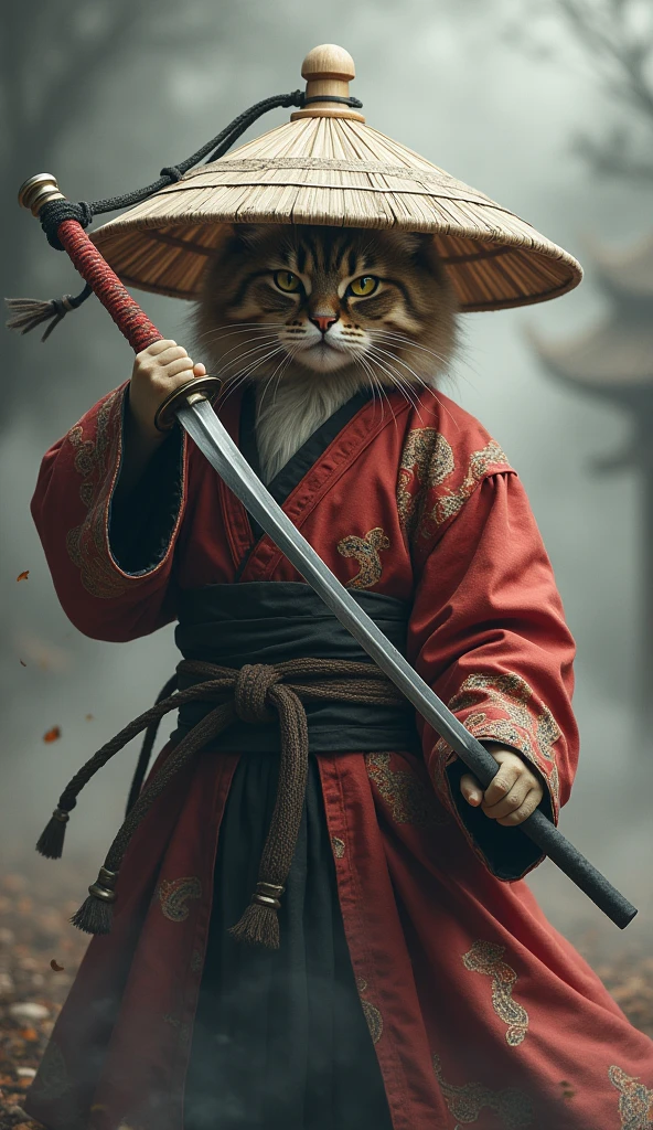 Create an image of a cat standing upright in traditional East Asian attire, wearing a wide bamboo hat on the head, wielding a sword with its right paw extended forward in an assertive stance ( Close-up of the face ), set against a misty backdrop to convey an atmosphere of ancient martial arts mastery.