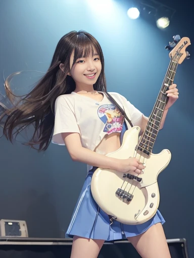 Japanese female, (underweight), (flat chest best quality:1.5), (cheerful grin:1.5),
festival, delightful, ((raise one leg)), (playing the electric bass vigorously), long hair, (blue trunk neck tee), (cream skirt:1.2), (with a bass), at concert, full body shot, low angle shot, (stage lights), (colorful lighting)