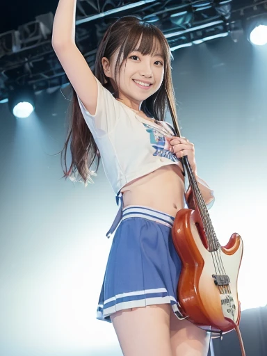 Japanese female, (underweight), (flat chest best quality:1.5), (cheerful grin:1.5),
festival, delightful, ((raise one leg)), (playing the electric bass vigorously), long hair, (blue trunk neck tee), (cream skirt:1.2), (with a bass), at concert, full body shot, low angle shot, (stage lights), (colorful lighting)