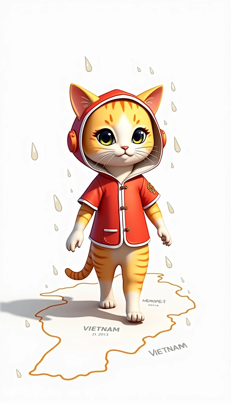 Wearing a raincoat on a rainy day, Cute cat walking towards me, Draw a map of Vietnam in the background, Performing music with a DJ mixer, cute cat,