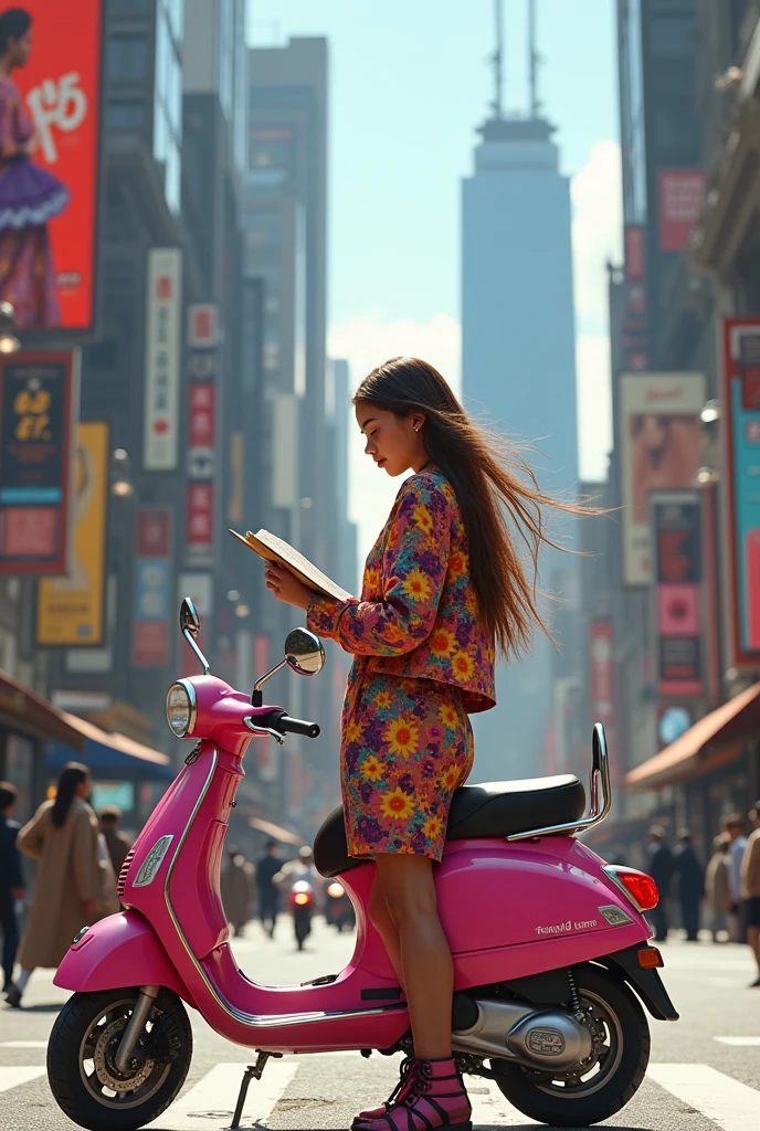 Realistic teenager designer with brown hair wearing colourful crazy outfit drawing in her sketchbook to design new crazy dresses. She is standing in the middle of a city looking at billboard of her favourite designer meanwhile leaning on her pink scooter. REALISTIC