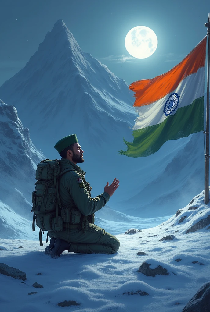 A muslim , Indian army soldier salah prayer on mountain glesher, front of  indian flag, fantasy gameing art, black background, lighting sky Moon lights, black sky At dark Night , artwork 