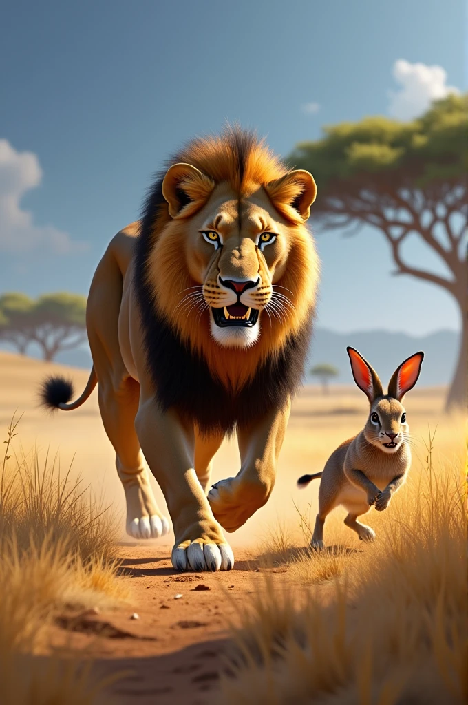 A lion in the savannah trying to eat a rabbit