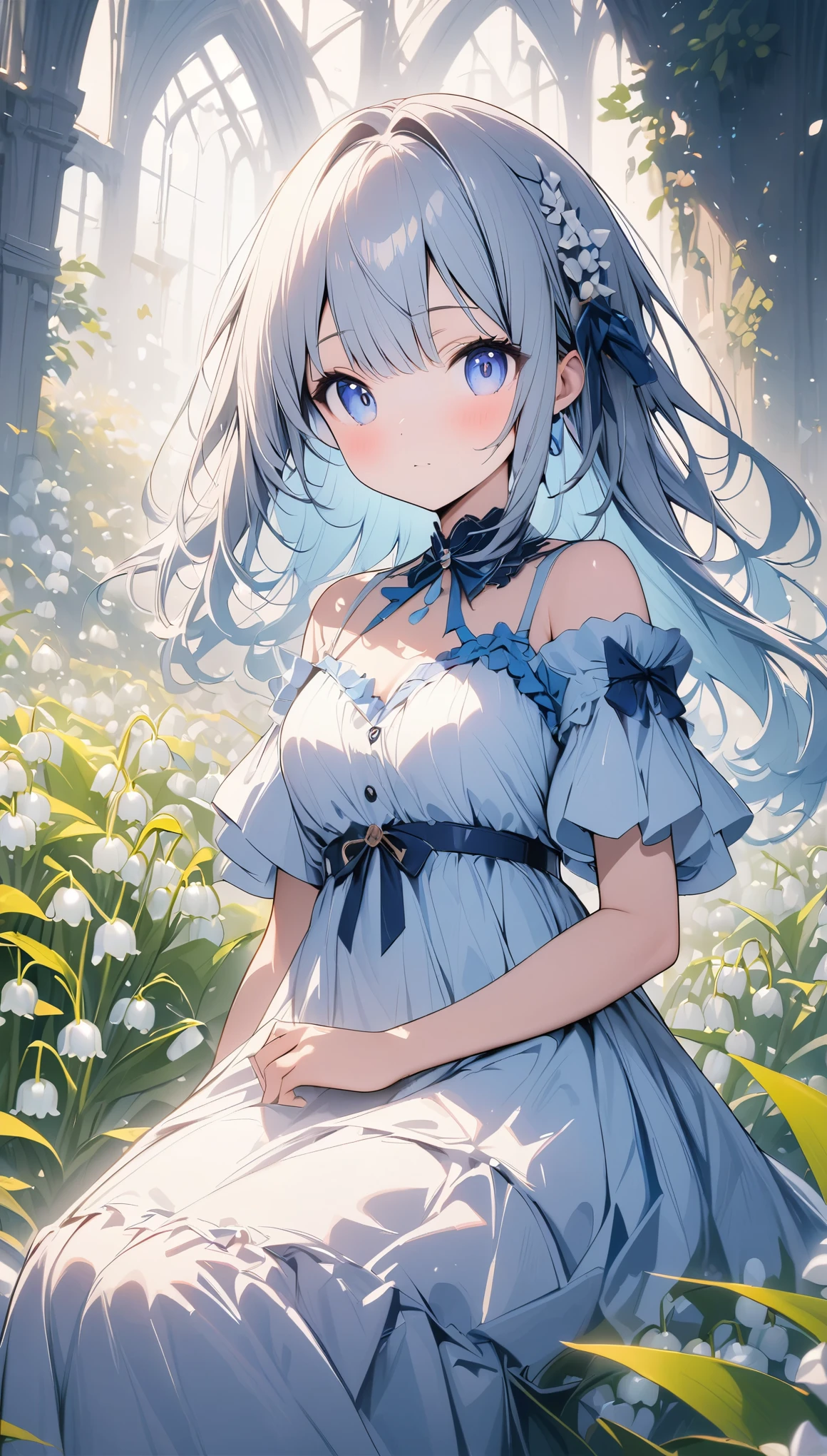 pale colour,((Amazingly absurd)),超High resolution, Attention to detail, high quality, High resolution, 最high quality, 4K, 8k, artwork,3dart,Lily of the valley flowers,White flower,Girl sitting in the middle,Lily of the valley background,Blue and white dress