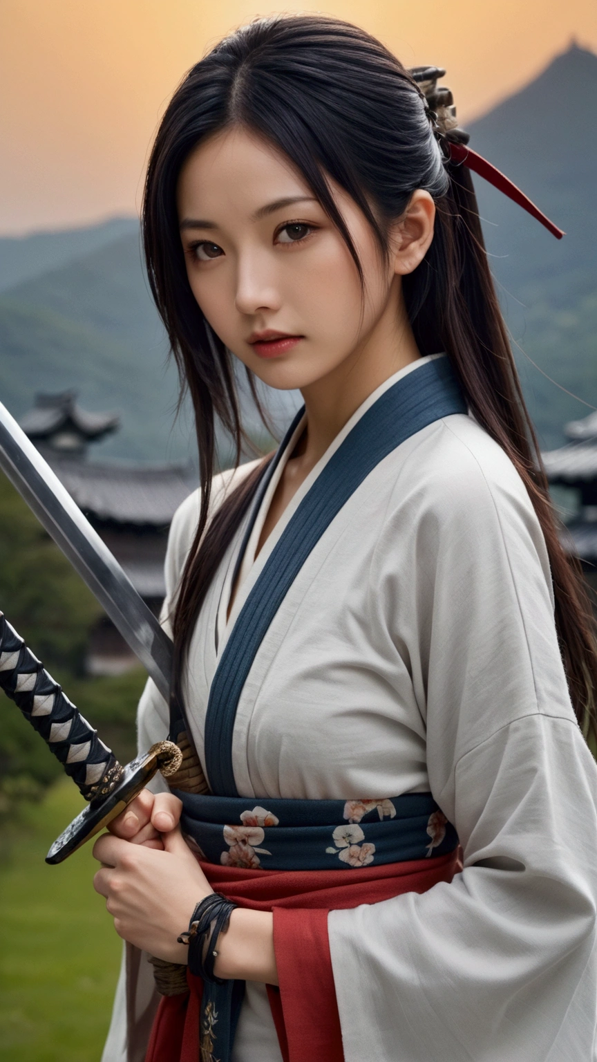 (Japanese sword &reference;Muramasa 2&reference;.2)Beautiful 27 year old woman、Japanese women、Tie your hair back、Hair ornament artist、Shinobi Costume、Warrior、Clear Eyes、{Arm tattoo(SakuraFubuki}'Tattoo on the back、Warrior、(Japanese swordを両手で構える、1.3)(Japanese sword1.2)Intermediate position、whole body、A long-edged sword、Realistic battle scenes、敵Warriorの返りBlood、Blood、High resolution、Highest quality、Very detailed、8k、background、The castle is burning、Sparks fly、
