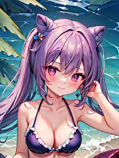 (masterpiece:1.5),(Beet quality),(High resolution),1 girl solo,Beautiful Face,smile(Shining Eyes),Upper Body,Light effects,Swimsuit Katsuyoshi,Ocean