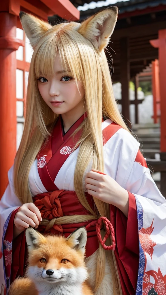 Female fox monster、Blonde and long-haired、Wearing a shrine maiden&#39;s outfit、Anime-inspired touch、Red and sharp eyes