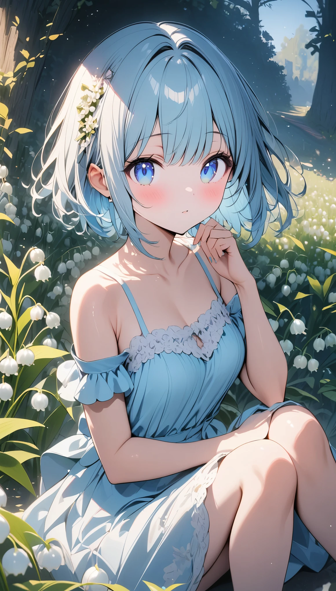 pale colour,((Amazingly absurd)),超High resolution, Attention to detail, high quality, High resolution, 最high quality, 4K, 8k, artwork,3dart,Lily of the valley flowers,White flower,Girl sitting in the middle,Lily of the valley background,Blue and white dress,Short Hair,Lily of the valley hair ornament