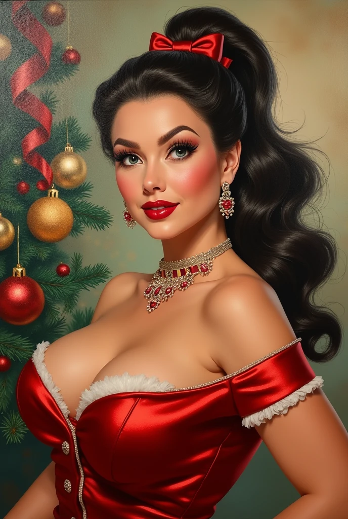 ((masterpiece)), (best quality), (cinematic), An ultrafine detailed oil painting in style of Joseph Christian Leyendecker, high heels magazine cover, 1girl, milf, mature woman, chubby woman, celebrating, full body, modern, Christmas style, large breasts, big eyes, long thick eyelashes, cleavage, full lips, chubby cheeks, long thick hair,  high ponytail, accessories, style of Joseph Christian Leyendecke,