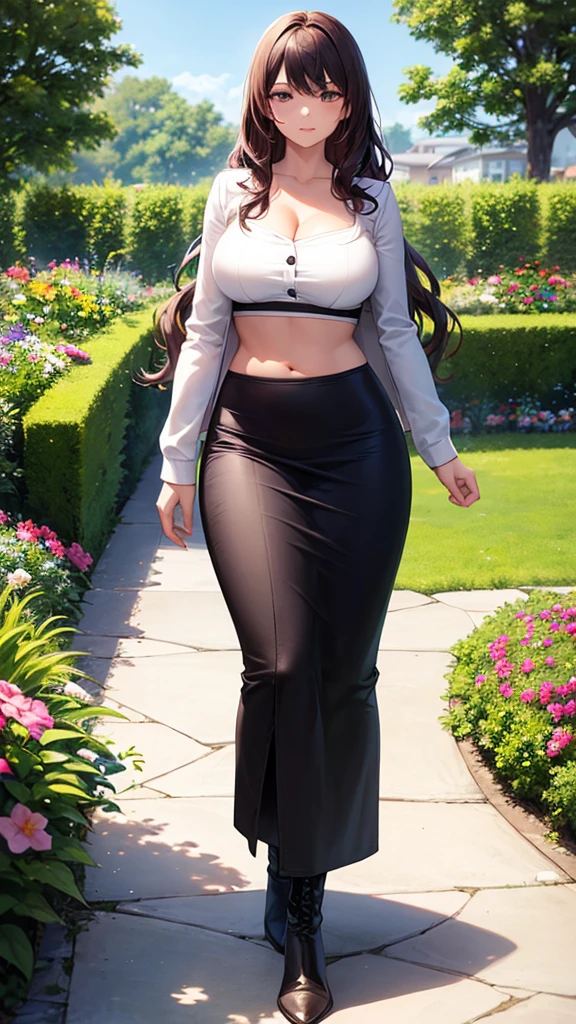 masterpiece, best quality, high detail, 1girl, beautiful woman, long wavy hair, burgundy hair, large bust, breasts, white button jacket, black midi pencil skirt, long skirt:1.25, boots, collarbone, midriff, belly button, summer, garden, full body, looking at viewer, walking, 