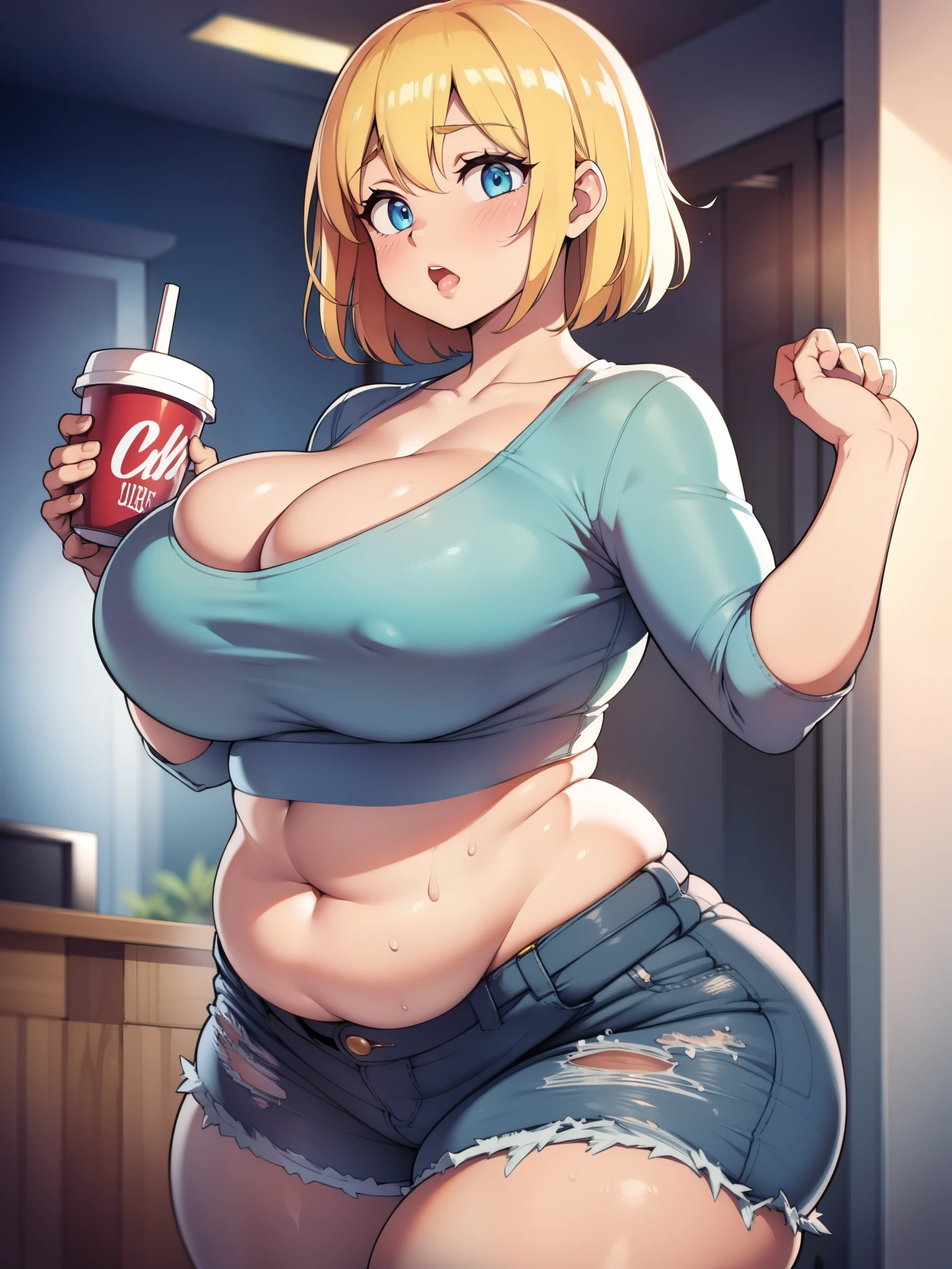 ((highres)), Masterpiece, high quality, best quality, beautiful, perfect lighting, detailed face, ultra cute face, ((1girl)), blush, sexually suggestive, one girl has blonde hair, blue eyes, crop top and shorts, fast food restaurant, cleavage, medium breasts, ((wide hips)), (thick thighs), fat ass, ((chubby)), chubby belly, belly grab, fat folds, belly grab from behind, hands grabbing belly, teasing,