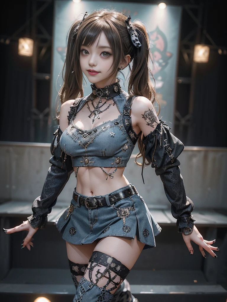 (Full Body View:1.2)、(Side view:1.1)、(Smiling with teeth showing:1.3),(Hollywood actress:1.5)、(Gothic ta style fashion:1.5)、(Punk RockVisual Kei:1.5)、(Wearing a sweater with intricate decoration:1.4)、(A mini skirt with delicate white, denim and charcoal embellishments.:1.5)、(Denim, light blue and leopard print boots:1.3)、((belt))、(Numerous intricate patterns all over the costume:1.4)、(collar:1.3)、(Leopard print underwear:1.5)、20-year-old、NSFW、((Highest quality、In 8K、masterpiece:1.3))、Sharp focus:1.2、(Layered Cut、Huge boobs:1.1),Beautiful woman with perfect figure:1.4、(Posing as a gravure model:1.3)、Slender Abs:1.2、Highly detailed face and skin texture、Detailed eyes、double eyelid,(Twin tails:1.3)、(Brown-golden hair:1.3)、Gravure idol、(The background is the stage of the fashion show:1.3)、(Slim Body:1.3),(Make your legs thinner:1.4),(clavicle:1.1)