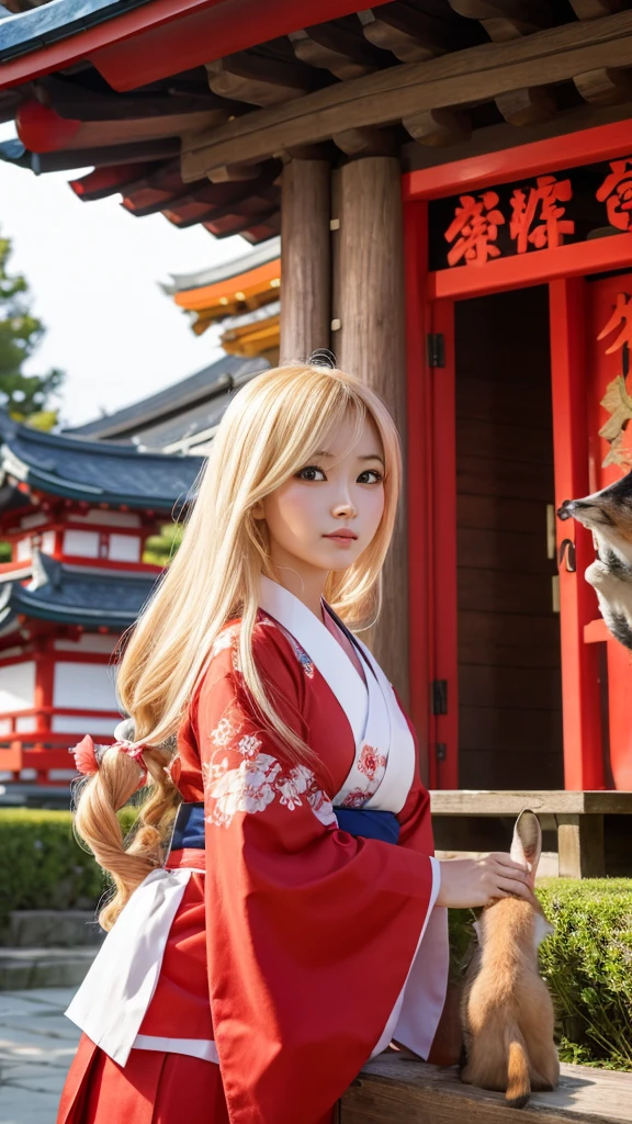 Female fox monster、Blonde and long-haired、Wearing a shrine maiden&#39;s outfit、Anime-inspired touch、Red and sharp eyes