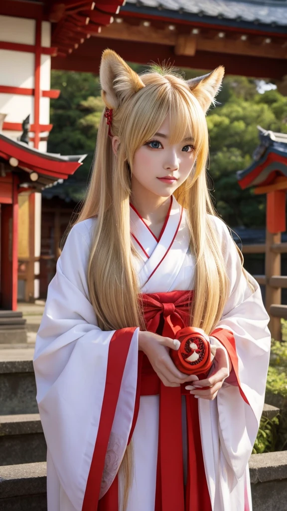 Female fox monster、Blonde and long-haired、Wearing a shrine maiden's outfit、Anime-inspired touch、Red and sharp eyes