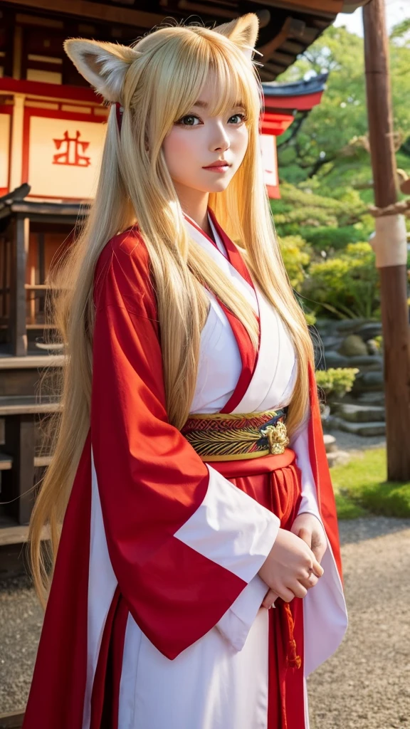 Female fox monster、Blonde and long-haired、Wearing a shrine maiden&#39;s outfit、Anime-inspired touch、Red and sharp eyes