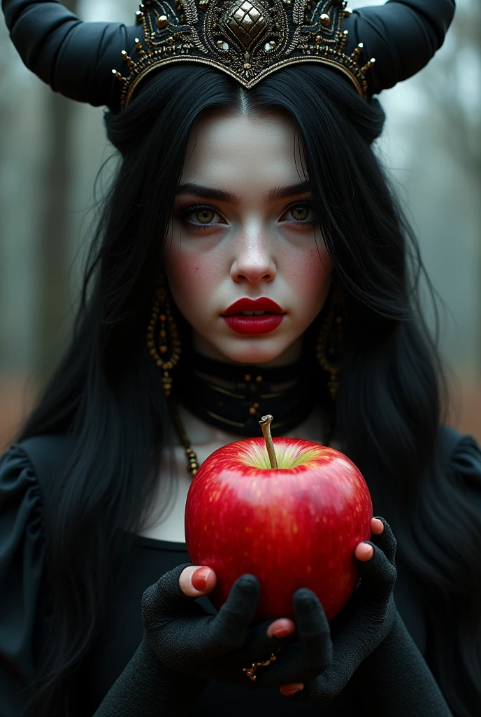 ((RAW Photo), absurd, (absurdresolution)), masterpiece, best quality, (Extremely detailed 8k unity CG wallpaper), (best illustration), (best shadow), Realistic lighting, beautiful detailed glow, ((21 years old)), girl, long black hair, black queen, accessories, apple in hand, poisoned apples, witch queen, red lipstick, (((Photographic Perspective of her)))