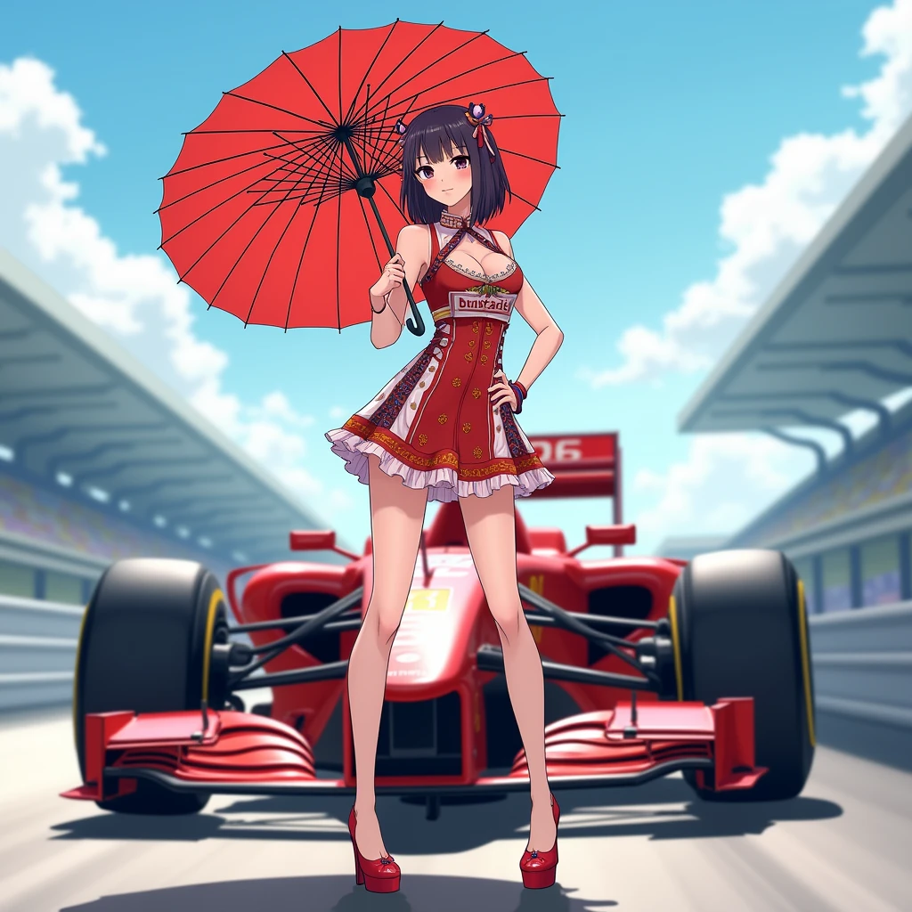 F1 Race Circuit。One young Japanese race queen。Standing with a parasol in front of a race car。The costume you're wearing、separate。I have a bangle on my arm。Background、Sparkling in the summer sun。Anime Style。Looking from afar。Beautiful legs are attractive。whole body。Head to toe images。Shoes with high heels