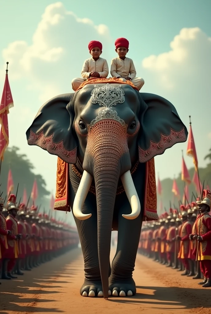 Two young male children aged 7 and 10 wearing red boat shaped turban and white male  gown of the 18th century of south Indian Muslim costume sitting on back of a gigantic elephant in a decorated silver Hooda. A old mahooth sitting on the head of the elephant is controlling and coming out of the gates of Srirangapatna. Tipu Sultan's cavalry and camel mounted soldiers are following them as part of the procession. Lord Cornwallis along with his British officers standing out the tent to receive the elephant.
The whole seen is in UHD resolution from the ground level in wide angle 