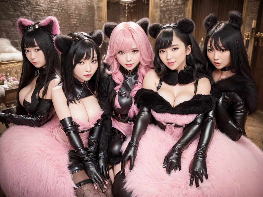 (((Fur Mistress)))。fluffy、fluffyの毛皮。fluffy。((gorgeous))(smile)(((Pair of women、Pink feminine room、Harem、Beautiful black hair)))。((dress、Fluffy carpet))。Arms outstretched、Armpits。Photos of women wearing fur coats。Brown fur cape。Fisheye Lens。((Multiple women。Black leather bondage)BDSM,Four women。Holding a whip、Gloves、Watching the audience、(((The dungeons of the old castle)))、Fur coat。