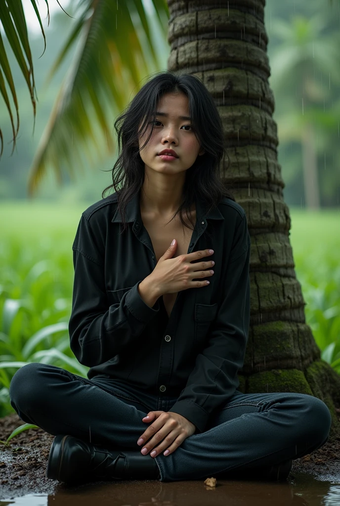 Asian woman in Indonesia wearing a black long-sleeved shirt, jeans, wet body and 80 kilogram body and rural atmosphere sitting under a coconut tree and cleavage (2.3) pose of both hands holding chest and black shoes and clothes soaked in rain with sad crying expression