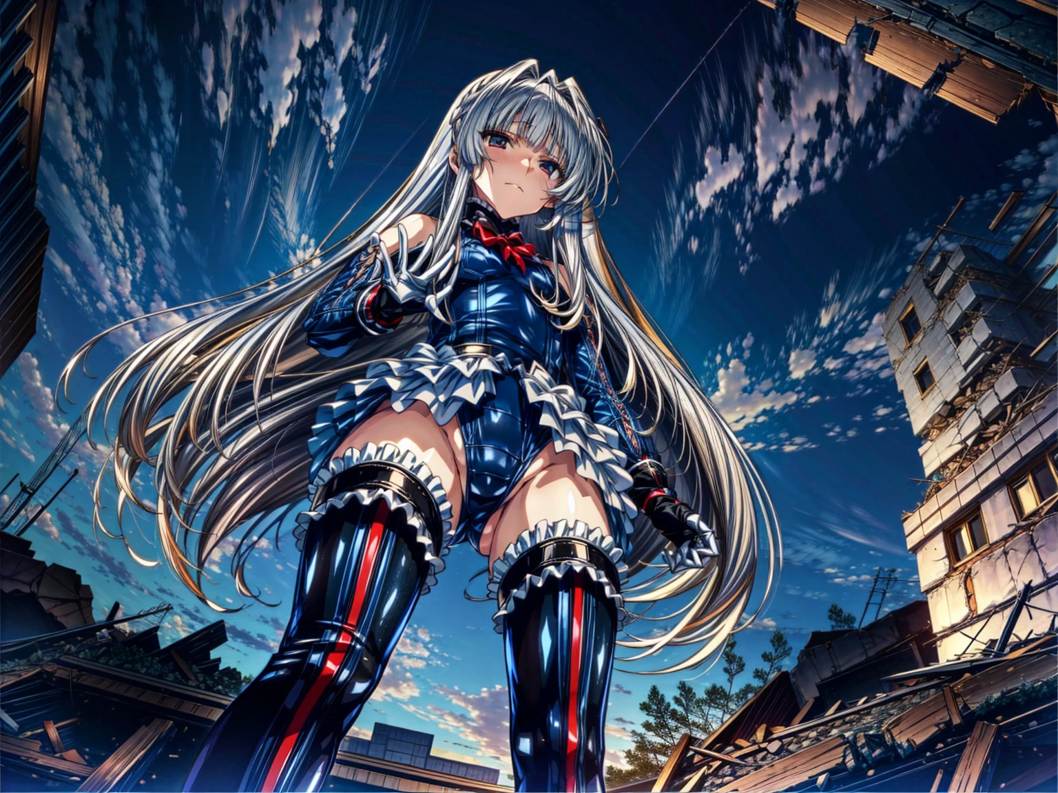 Perfect Anatomy, Highest quality, marirose,,Provocative attitude
,(Dawn greets the sky above the rubble:1.1),(Emotionless,Expressionless:1.4),Anime Style,(Frilled swimsuit, Knee socks, Removed sleeve), (Anime Style:1.4) ,(3girls:1.2),
Silver Hair,(White fingers:1.1,Black gloves),Very long hair,Evil Aura,(from directly below:1.4),full body