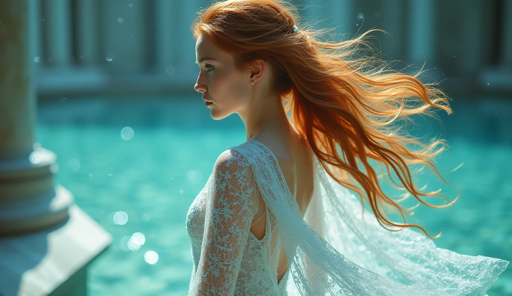 best quality, masterpiece, upper body, (adult:1.6) ukrainian woman, Laura Bailey, (smirk:0.4), arms behind back, ponytail auburn hair, aquamarine eyes, cyberpunk see-through open gown, windy, floating light particles, centered,