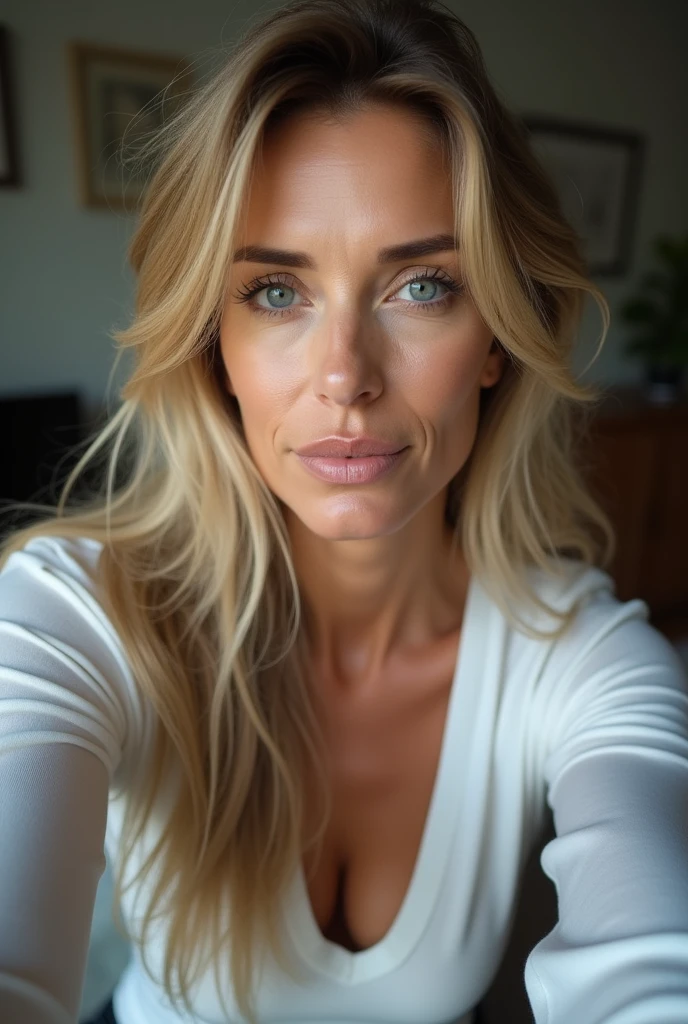 beautiful woman of 55 years old with blue eyes, blond with brown roots, long hair, looking directly at the camera, very realistic, instagram selfie, closeup face, at home, tight shirt tucked into high-waist suitpants, clothes tight against body, clothes too tight, revealing figure, film grain, fit muscular body, big breasts, cleavage, focus on face, in love with the camera