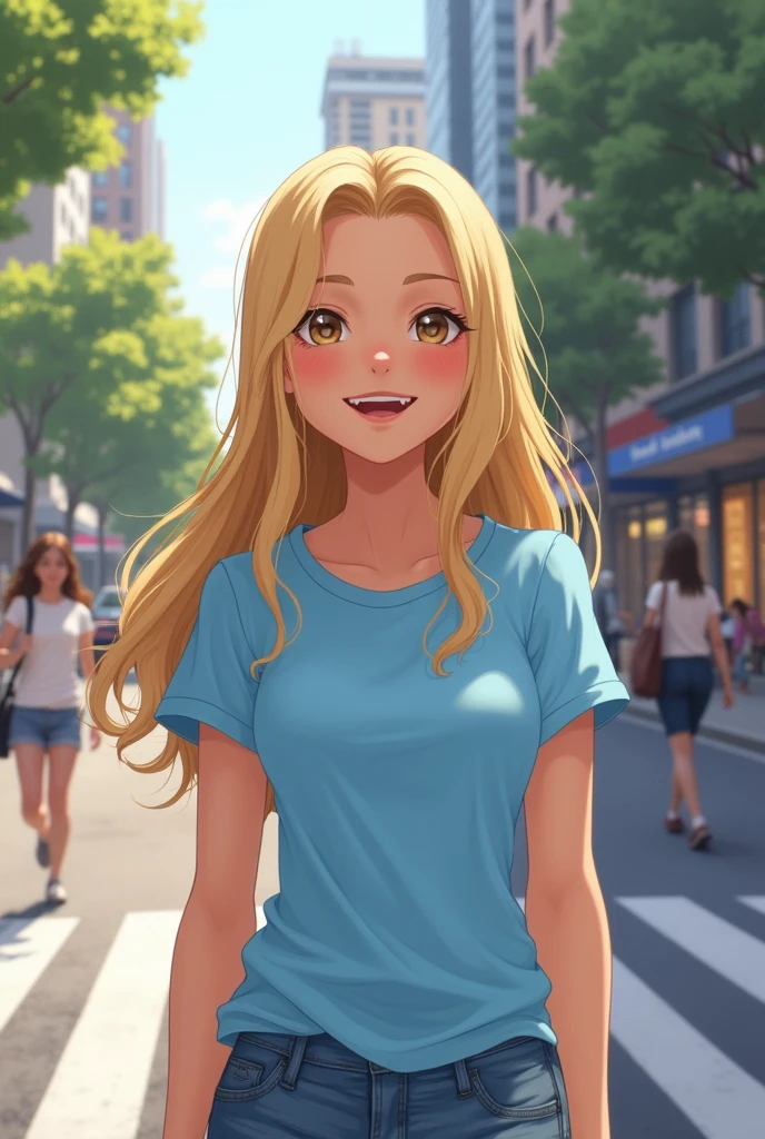 American blonde girl in light blue round neck T-shirt without label on a city street

