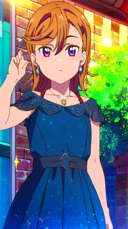 (masterpiece, best quality, 8k:1.2),Very detailed, (anime:1.1), misaka_mikoto, brown hair, short hair, hairpin, small medium breasts, 1girl, (Collarbone, Necklace, Earrings, Sparkly Dress,  Party Dress, Ruffles, Earrings, Venue), Cowboy shot, looking at viewer,
