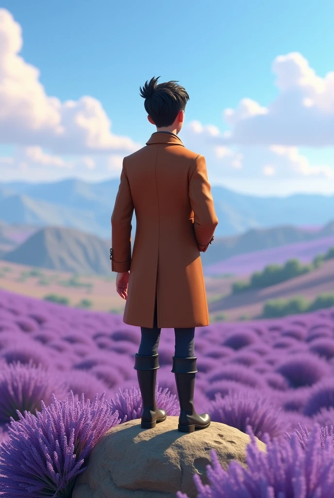 A 3d animation character from behind. From the 1900s. Wearing a long vintage jacket. Male Age of 30s. Pixar style. Standing in a top of small mountain. Looking to a large land of lavender flowers. Wearing a long black boots. Journalist 