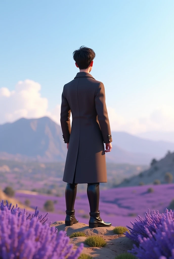 A 3d animation character from behind. From the 1900s. Wearing a long vintage jacket. Male Age of 30s. Pixar style. Standing in a top of small mountain. Looking to a large land of lavender flowers. Wearing a long black boots. Journalist 