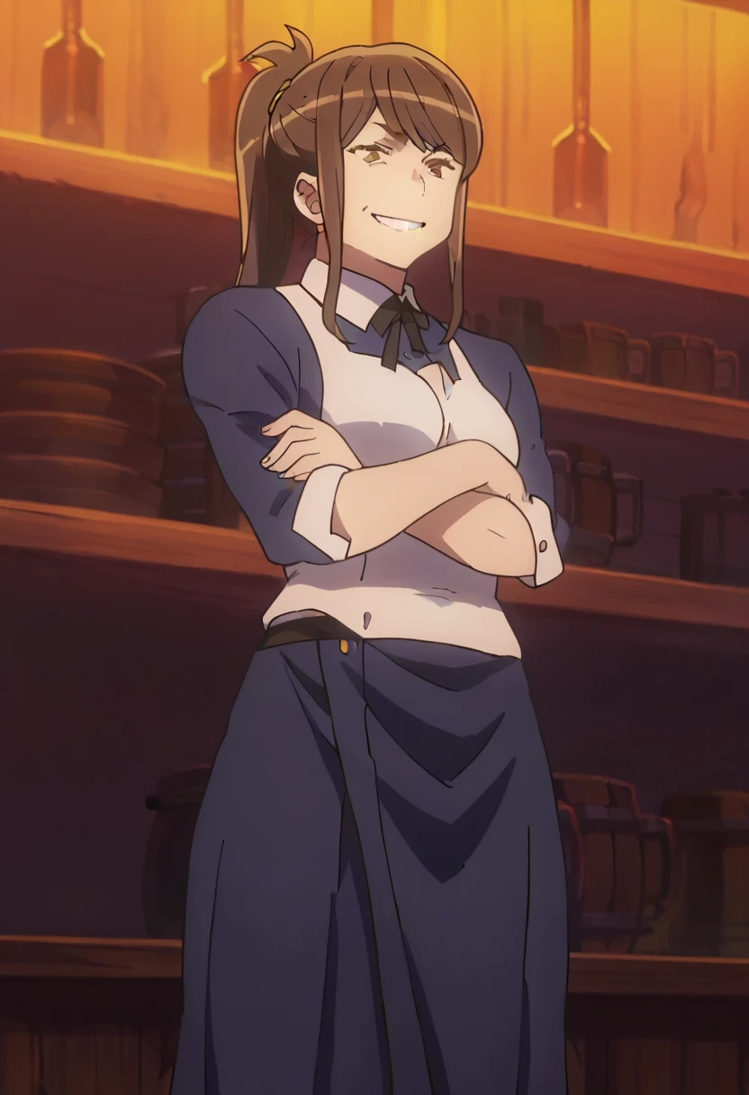 Mia Grand, anime screencap, 1 girl, solo, full body, bar, smirk, crossed arms, standing,