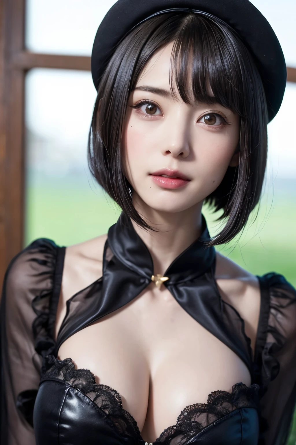 (masterpiece, Highest quality),One Girl, solo, Black-haired, hat, Realistic, Realistic, Looking at the audience, Light-coloured black eyes, Short brunette bob hair, Blue coat,, Glossy lips, Bans, Plein Air, Upper body、Big eyes、Beautiful view of sparkling snow lassi))、(((Short bob hair with bangs:1.4、Shiny Hair、Bans:1.4、Big eyes、large full chest、Intensely accentuates the eyes、Staring at the audience、Beautiful beauty、Listen carefully、Long neck、Smile a little、smile、Ideal body proportions)))、{huge|big|hugeな|Mega} chest:2, chestの谷間:2、Dignified sexiness