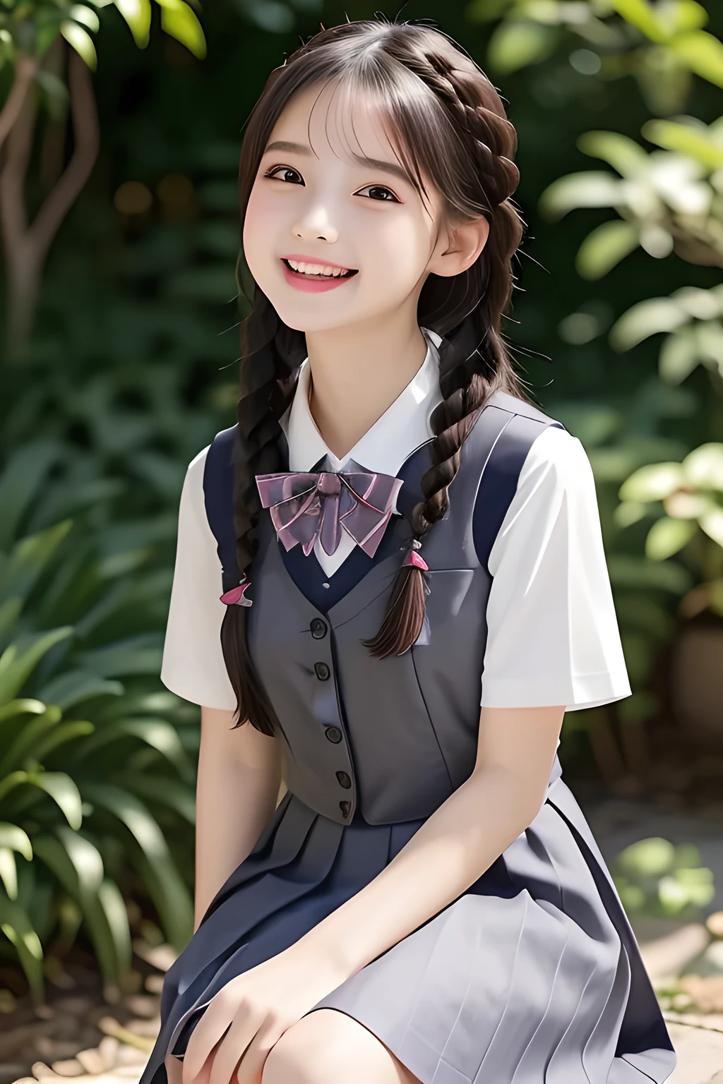 (highest quality, masterpiece, high resolution:1.2), 4K, (Photo quality detailed face: 1.2), (Giorgione painting style: 0.8), geometry, (16 yo cute girly Japanese girl: 1.0), Laughing cutely, (neat girly white short-sleeves school blouse: 1.0), (puffed short sleeves: 1.0), (Dark red glossy school ribbon on the breast: 1.0), (Gray Japanese school girly vest Uniform: 1.2), (Extremely laughing cheeks: 1.0), (Beautiful light-amber cute-dolly large clear eyes with detailed cutely: 1.4), (Long bottom eyelashes: 1.2), (Expressing the greatest joy with her whole body: 1.2), (Glossy lips: 1.0), (braids under her ears: 1.3), (cute earrings), (kidnapping me into the heaven as a goddess: 1.6), (white and clear skin: 1.0), (Laughing **** cute princess's eyes: 0.6), (Placing her beautiful white hands together like praying: 0.9), (Full-body shot in heaven: 1.2)