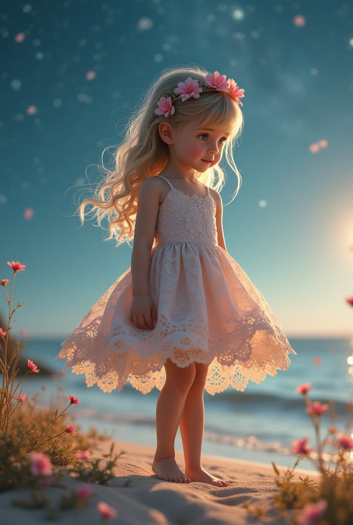 Little fairy standing on the seashore,Wear hair accessories,Lace floral dress,High heel,charming,sweet and cute,soft skin,The facial features are realistic and delicate,The beach is full of flowers,starry night,Dreamy scene photography,8K ultra-high-definition picture quality,Real photography