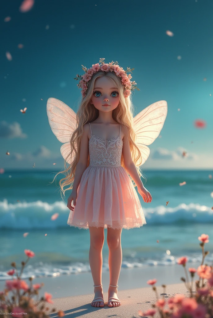 Little fairy standing on the seashore,Wear hair accessories,Lace floral dress,High heel,charming,sweet and cute,soft skin,The facial features are realistic and delicate,The beach is full of flowers,starry night,Dreamy scene photography,8K ultra-high-definition picture quality,Real photography