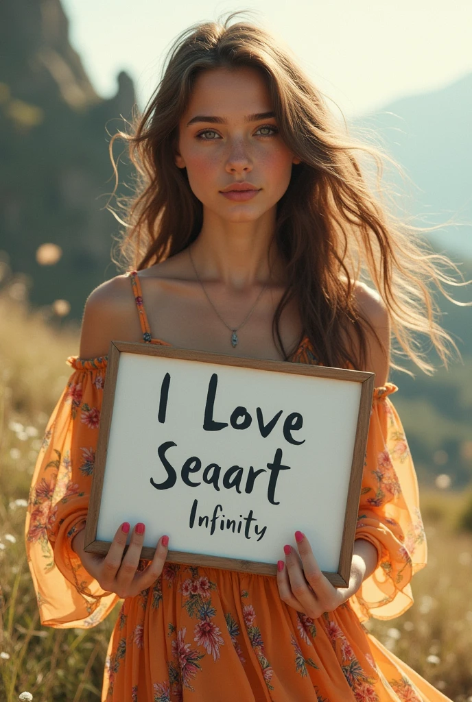 Beautiful girl with wavy long hair, bohemian dress, holding a white board with text "I Love Seaart Infinity" and showing it to the viewer
